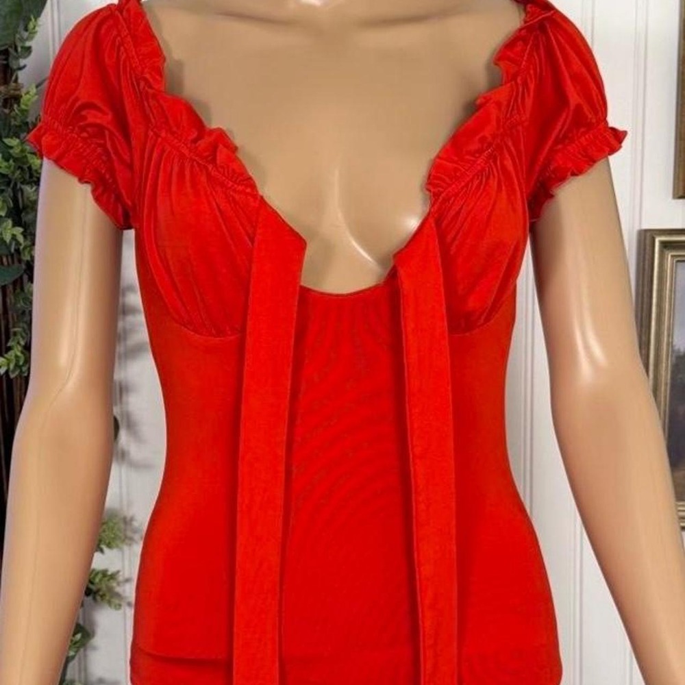 Princess Polly Red Puff Sleeve Tie Front Bodysuit US 4 Milkmaid Going Out Top